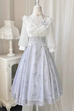 White/Blue Lace V Collar Half Sleeves High Waisted Sweet Lolita OP Dress -LolitaInside 31be5e7d652f509b0733a4a6bbee2c6e