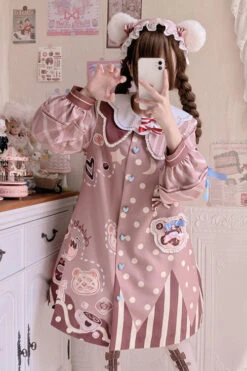 Pink Doll Lapel Collar Single Breasted Lantern Long Sleeves Bear Print Sweet Lolita OP Dress -LolitaInside 31f983e9baa11dd76fae76118b2d585a