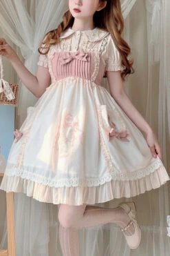 Beige Ruffled Bow Cute Bear Print High Waisted Sweet Lolita JSK Dress