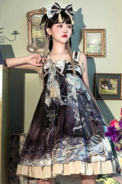 Purple Wave Print Bowknot Chinese Style Hanfu Ruffled Classic Lolita JSK Dress -LolitaInside 328f4702f8d1f9d5fbcbbf074d38d037