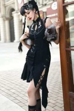 Original Chinese Han Elements Black Embroidered Cheongsam Classic Lolita Hanfu Dress -LolitaInside 3293e0c049ea5698f9940cd9424aca97