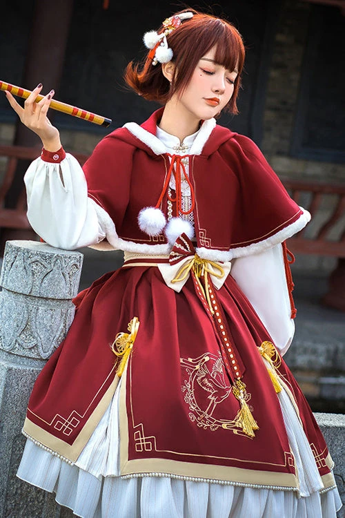 Red Chinese New Year Golden Crane Print Long Sleeve Sweet Lolita OP Dress 5 Red Chinese New Year Golden Crane Print Long Sleeve Sweet Lolita OP Dress - Image 3