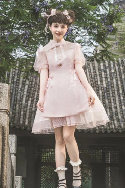 Chinese Style Stand Collar Lace Puff Short Sleeve Delicate Sweet Lolita Dress -LolitaInside 3312a4469767094c769d1fac162e6694