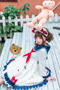 White College Style Navy Collar Chiffon Sea White Bear Print Bowknot Ruffled Sweet Lolita OP Dress -LolitaInside 332733dee2537b5fc443c761aa4d1246