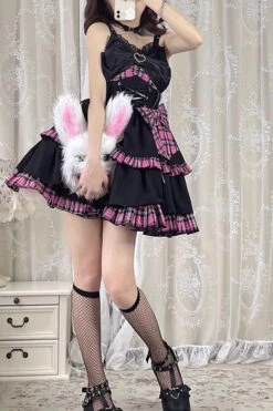 Black/Pink Plaid Print Color Contrast Leather Buckle Bowknot Ruffle Gothic Lolita JSK Dress 15 Black/Pink Plaid Print Color Contrast Leather Buckle Bowknot Ruffle Gothic Lolita JSK Dress -LolitaInside 332bbe76b87fdb3a806bd428a8e7e03e