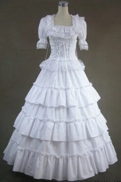 White Cotton Square Collar Short Sleeves Floor Length Multi-Layer Victorian Gothic Lolita Dress