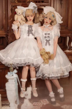 White/Blue Short Sleeves Diamond Plaid Print Bowknot Alice Sweet Lolita Dress -LolitaInside 33c5a38db8b3ee045fee087526121355