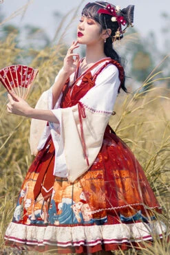 Wine Ukiyolu Cat Print Long Sleeves Chinese Style Fake Two Pieces Bowknot Ruffled Sweet Lolita OP Dress -LolitaInside 34116dd604f287727ef6a0ce02468f20