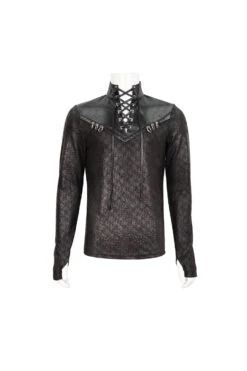 Black Stand Collar Long Sleeves Faux Leather Splice Men's Gothic Shirt 13 Black Stand Collar Long Sleeves Faux Leather Splice Men's Gothic Shirt -LolitaInside 3470d7c0b089ecb7bed46700d0e7ee3c