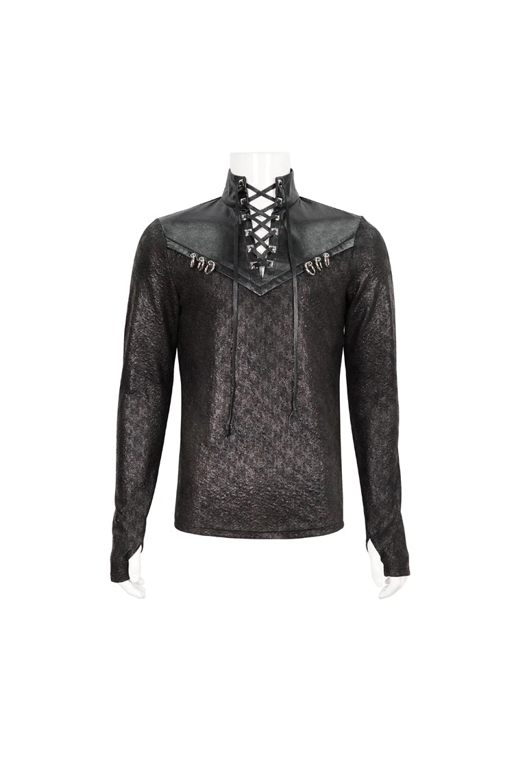 Black Stand Collar Long Sleeves Faux Leather Splice Men's Gothic Shirt 7 Black Stand Collar Long Sleeves Faux Leather Splice Men's Gothic Shirt - Image 5