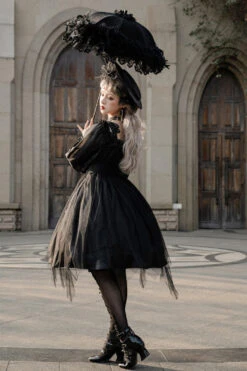 Black Square Collar Metal Chain Organza Stitching Gothic Lolita OP Dress (Short Version) -LolitaInside 34faa5a98b68bebc45e2c871f461a314
