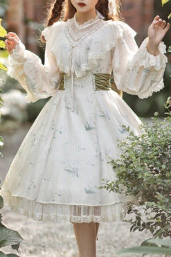 Beige Lace Round Collar Ruffled Lantern Sleeves Fresh Floral Print Sweet Lolita OP Dress