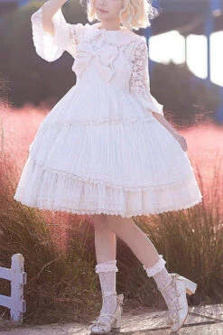 White Solid Color Tower Of Dawn Bowknot Sleeveless Ruffle Sweet Lolita Dress