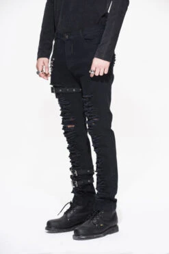 Black Metallic Punk Broken Holes With Loops Mens Pants -LolitaInside 3590676ea4af47aeb3805492f8851441