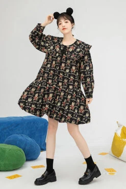 Black Doll Collar Bear Print Puff Sleeves Ruffled Sweet Lolita OP Dress -LolitaInside 3597a2e8c96e917afa37ed850ffaa67f