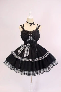 Black/White Plaid Print Color Contrast Leather Buckle Bowknot Ruffle Gothic Lolita JSK Dress -LolitaInside 35a357471a8db21417b8f6c56b362704