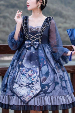 Dark Blue Unicorn Print Long Sleeves High Waisted Ruffled Classic Lolita OP Dress