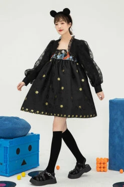 Black Square Neck Organza Print Ruffled Lantern Sleeves High Waisted Sweet Lolita OP Dress -LolitaInside 35fef0a7f8884ae9bbfe2dad5c0e4402