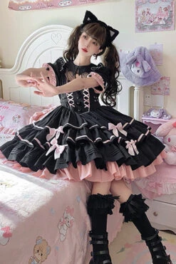 Black/Pink Short Sleeves Multi-layer Ruffle Bowknot Sweet Lolita Dress -LolitaInside 3626efa18965d9486cb280abd66b550d