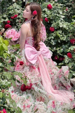 Pink Multi-Color Rose Print Sleeveless Sweet Lolita Strapless Dress -LolitaInside 3664bf73cb0e4ffeaceab82936c67901