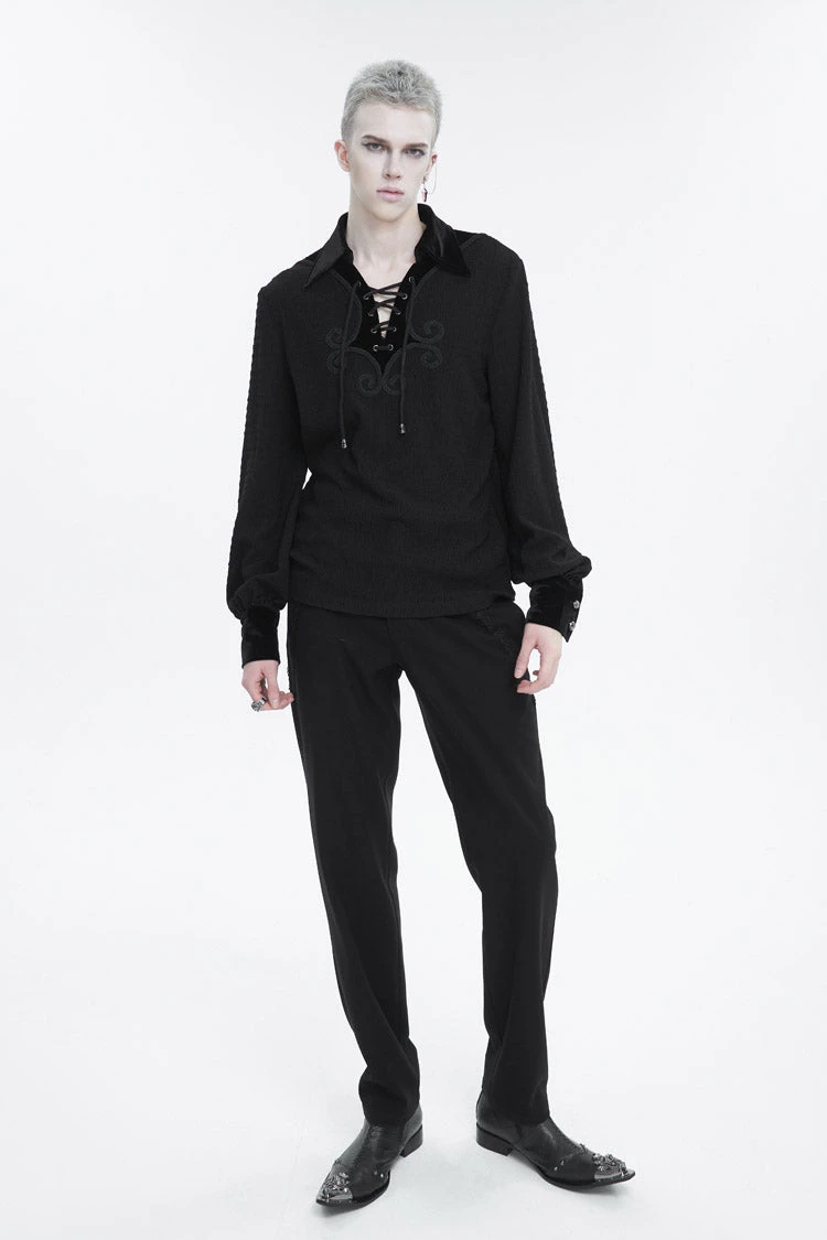 Black Embroidered Chest With Drawstring Strappy Puff Sleeved Men's Gothic Shirt 4 Black Embroidered Chest With Drawstring Strappy Puff Sleeved Men's Gothic Shirt - Image 2