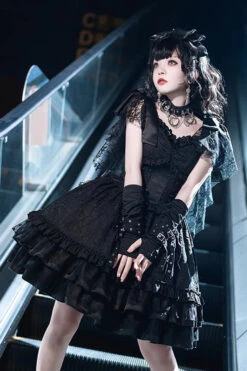 Black Lace Flying Sleeves Fish Bone Ruffle Gothic Lolita Dress -LolitaInside 36a955f268afeb64b2a8ac4404a1b621