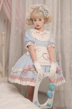 Blue Short Puff Sleeves Ruffle Bowknot Maid Sweet Princess Lolita Dress -LolitaInside 36d13b48c7daaf5abd8807b7a65e1da7