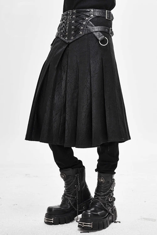 Black Punk Metallic Mist Textured Leather Waistband Grain Pleated Mens Kilts 4 Black Punk Metallic Mist Textured Leather Waistband Grain Pleated Mens Kilts - Image 2