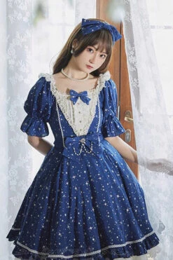 Midsummer Galaxy Shiny Star Print Short Sleeves Ruffle Bowknot Sweet Lolita OP Dress -LolitaInside 38275754f723a3459367d0720f8d802e