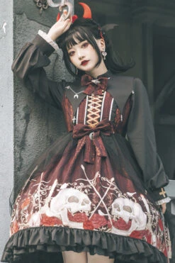 Black/Red Lapel Collar Long Sleeves High Waisted Printed Gothic Lolita OP Dress -LolitaInside 38765bd1bf44d375f4bcc5f2a663b32d