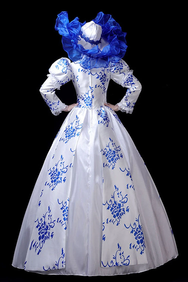 Blue/White Porcelain Printing Stand Collar High Waisted Victorian Lolita Prom Dress 6 Blue/White Porcelain Printing Stand Collar High Waisted Victorian Lolita Prom Dress - Image 4