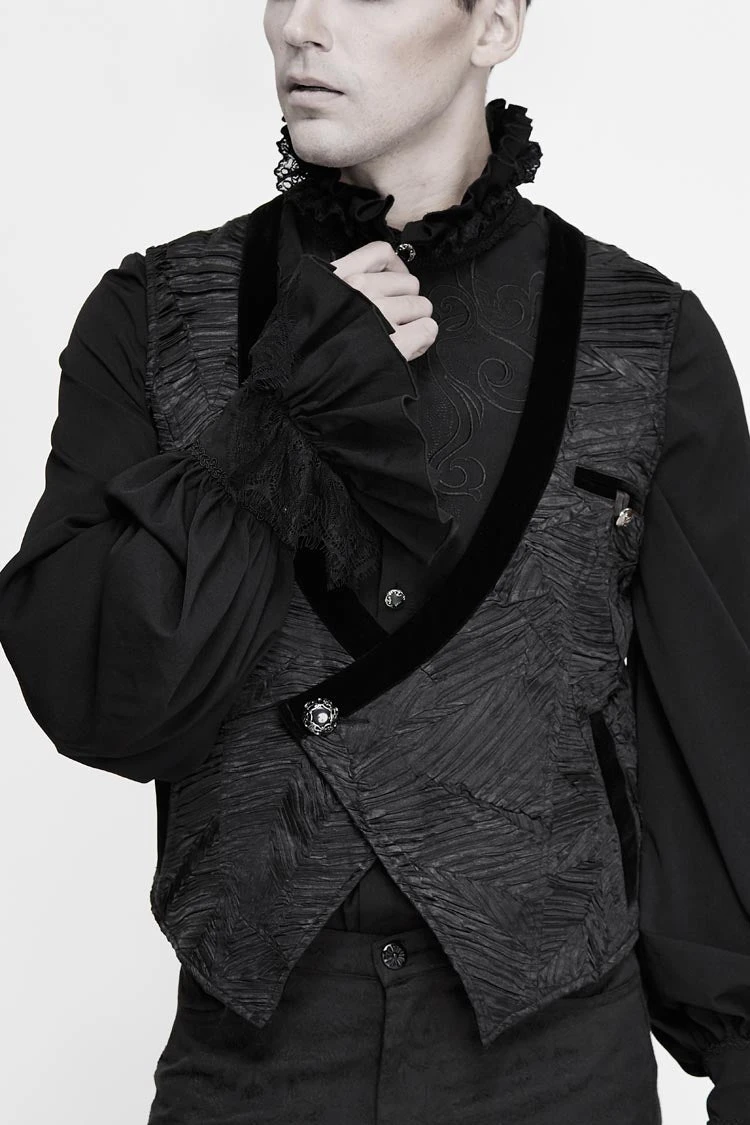 Black Velveteen Asymmetrical Pleated Splice Waist Loop Men's Gothic Waistcoat 3 Black Velveteen Asymmetrical Pleated Splice Waist Loop Men's Gothic Waistcoat