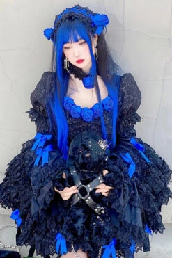Black/Blue Puff Short Sleeves Princess Gothic Lolita Tiered Dress 17 Black/Blue Puff Short Sleeves Princess Gothic Lolita Tiered Dress -LolitaInside 38f8f47c7d46c63523107f664afd351d