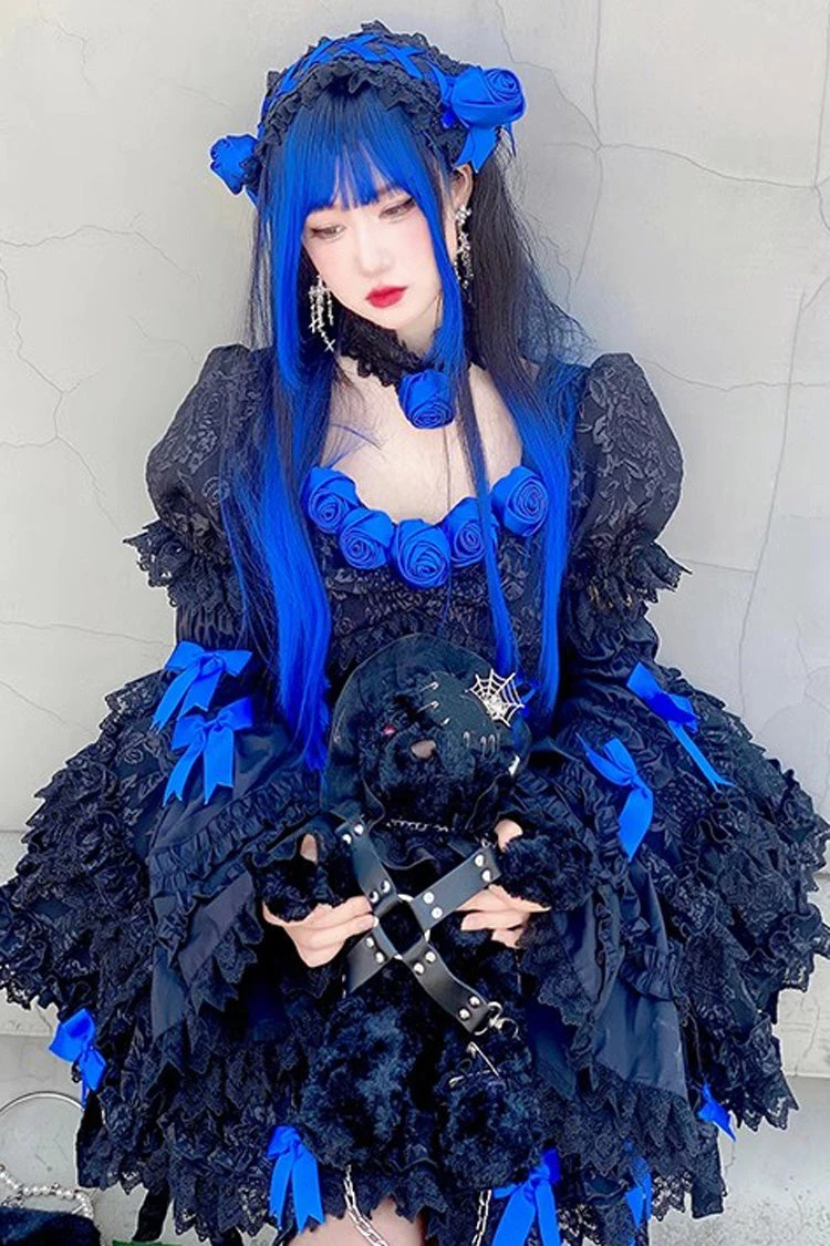 Black/Blue Puff Short Sleeves Princess Gothic Lolita Tiered Dress 10 Black/Blue Puff Short Sleeves Princess Gothic Lolita Tiered Dress - Image 8