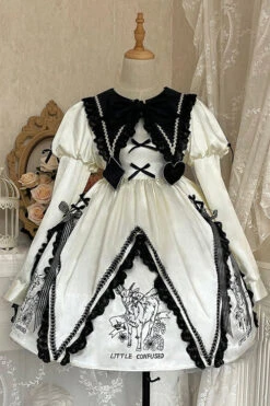 Beige Doll Lapel Collar Long Sleeves Little Confused Print High Waisted Sweet Lolita OP Dress -LolitaInside 39926220529bedb5ee5539af46d7d338