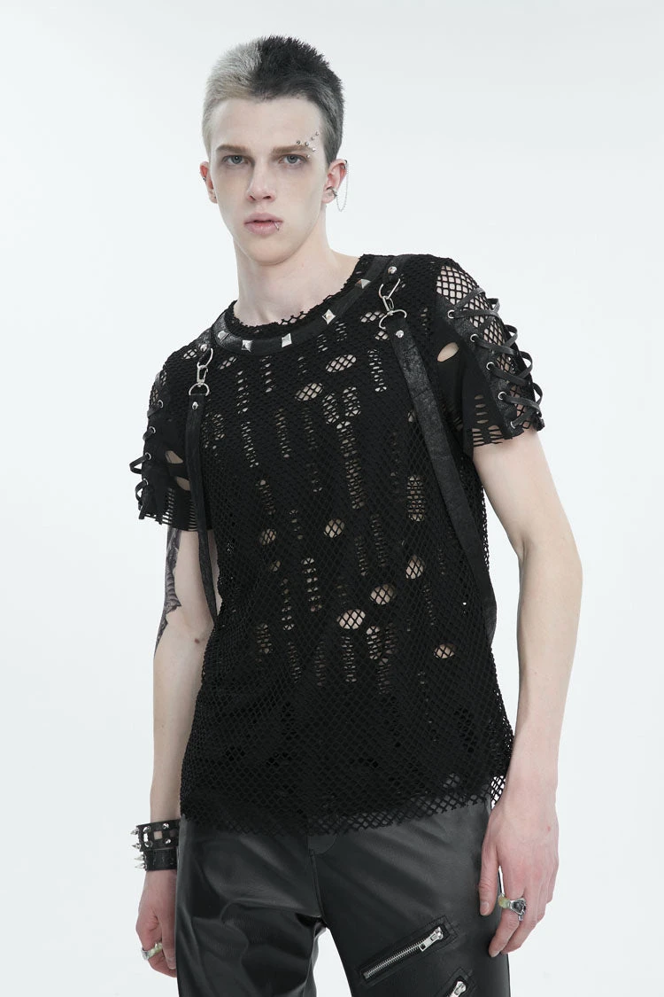 Black Half Hollow Shoulder Tie Design Men's Punk T-Shirt 4 Black Half Hollow Shoulder Tie Design Men's Punk T-Shirt - Image 2