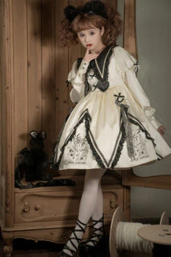 Beige Doll Lapel Collar Long Sleeves Little Confused Print High Waisted Sweet Lolita OP Dress -LolitaInside 3a21fc9599eab1cd34dd4c030dcaa918