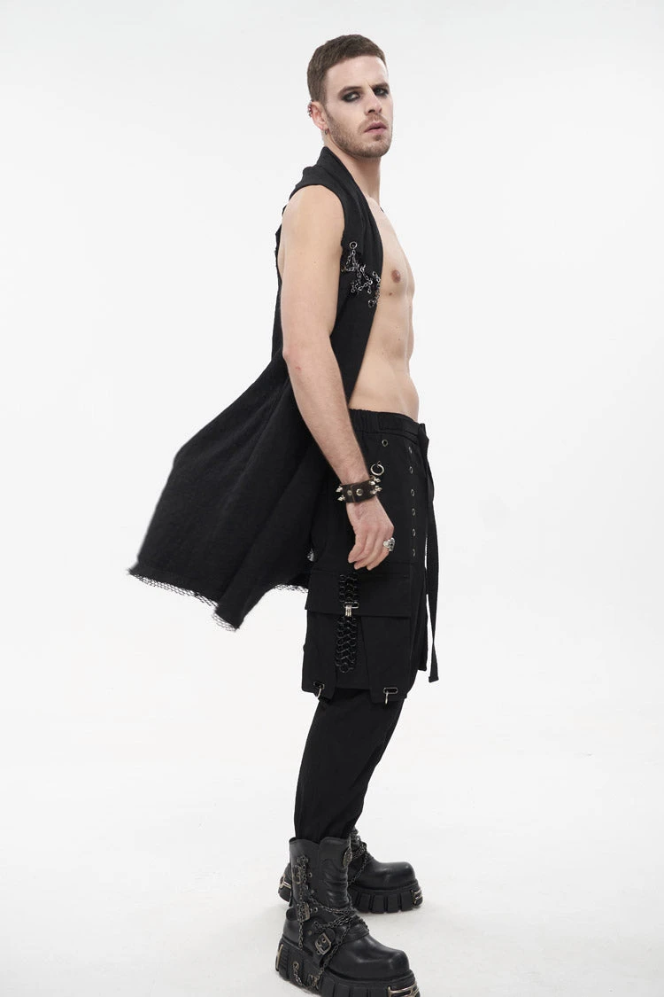 Black Aluminum Chain Stitching Design Distressed Cotton Linen All Seasons Men's Punk Vest 7 Black Aluminum Chain Stitching Design Distressed Cotton Linen All Seasons Men's Punk Vest - Image 5