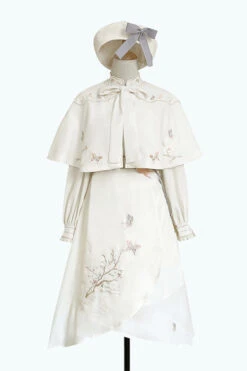 Beige Retro Stand Up Collar Ruffled Lantern Sleeves Butterfly Embroidery Classic Lolita OP Dress Full Set -LolitaInside 3a89106e084c87711c0958ec8d550b62