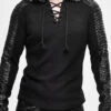 Black Chest Lace Up Vertical Stripes Woolen Splice Bright Crimped Fabric Hooded Men's Punk T-Shirt -LolitaInside 3a9cc522bacae196a160ce56c3fb608f