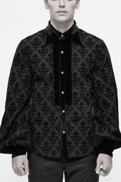 Black Court Pattern Flocking Lantern Sleeves Mens Gothic Blouse