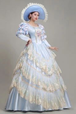 Light Blue Long Sleeves Multi-Layer Lace Stitching High Waisted Hollow Embroidery Floral Print Victorian Lolita Prom Dress -LolitaInside 3ac7001d3dddedea7350bf3a0620eb34