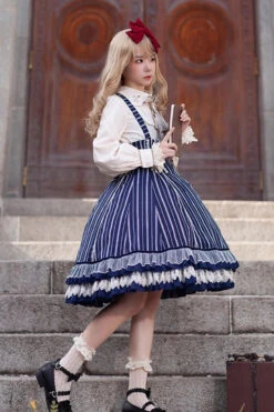 Blue Multi-layer Stripe Print Ruffle Sweet Lolita Jsk Dress -LolitaInside 3b41c70b0acab8b5f8634e8a39315215