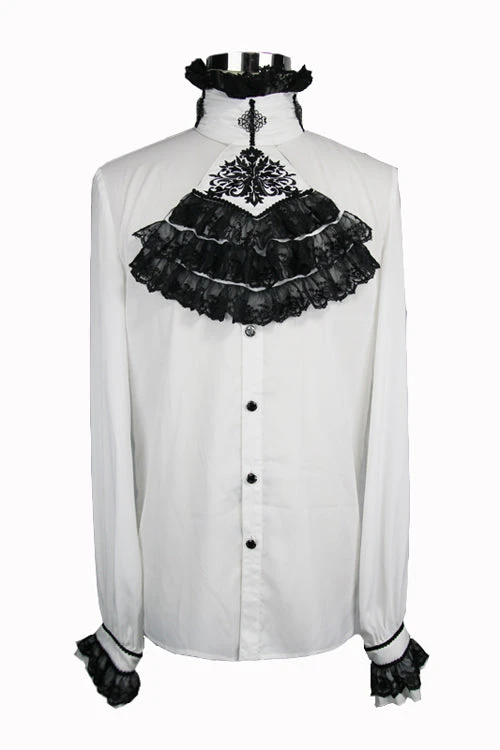 White Chiffon Chest Embroidery Lace Sleeves Mens Gothic Blouse 6 White Chiffon Chest Embroidery Lace Sleeves Mens Gothic Blouse - Image 4
