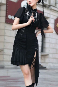 Original Chinese Han Elements Black Embroidered Cheongsam Classic Lolita Hanfu Dress