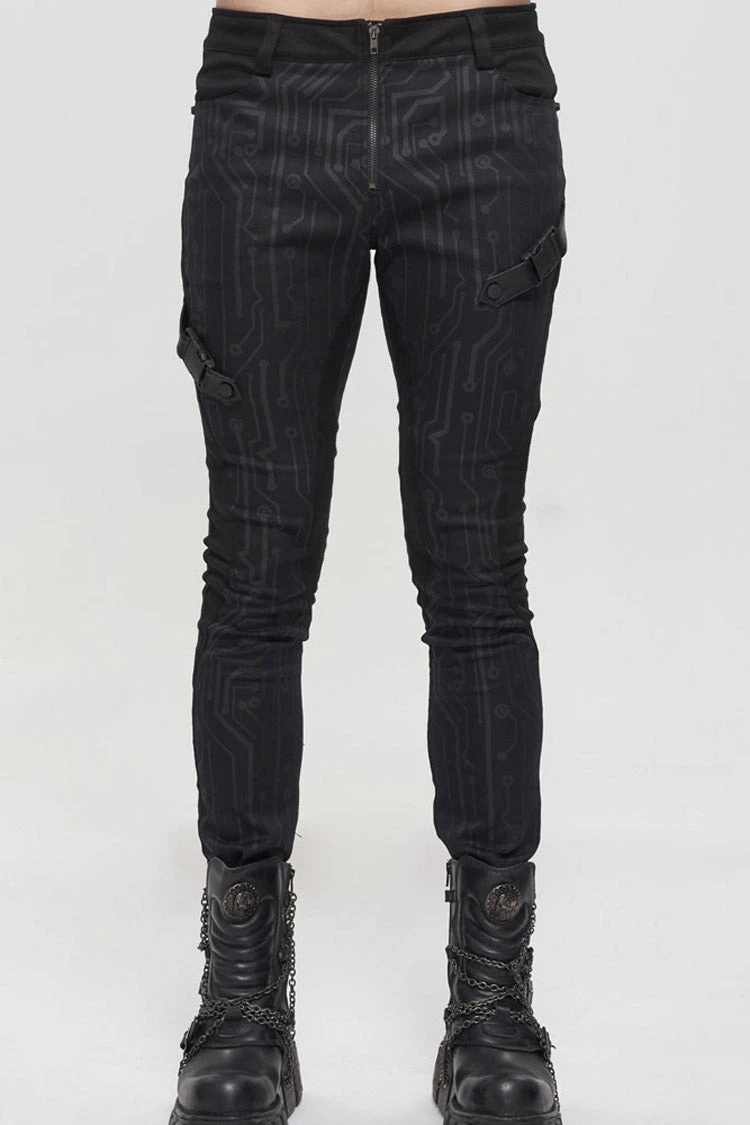 Black Punk Casual Circuit Diagram Print Asymmetric Decoration Men's Long Pants 5 Black Punk Casual Circuit Diagram Print Asymmetric Decoration Men's Long Pants - Image 3