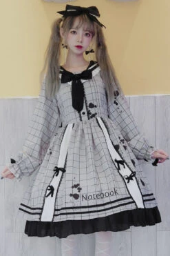 Grey College Style Navy Collar Plaid Leaking Ink Pen Print Ruffled Sweet Lolita Op Dress -LolitaInside 3ca8fbb88c96880e75b3a043079733c1