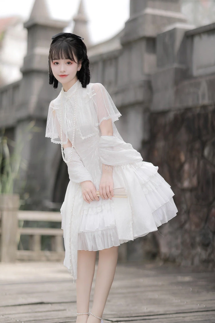 White Stand Collar Ruffle Chinese Qi Shawl Sweet Lolita Dress 4 White Stand Collar Ruffle Chinese Qi Shawl Sweet Lolita Dress - Image 2