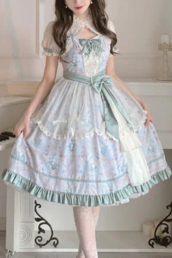 Green Flower Wall Pattern Print High Waisted Fresh And Sweet Lolita JSK Dress