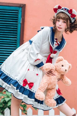 White College Style Navy Collar Chiffon Sea White Bear Print Bowknot Ruffled Sweet Lolita OP Dress -LolitaInside 3d99df13d22553979c4a7549bd84292b